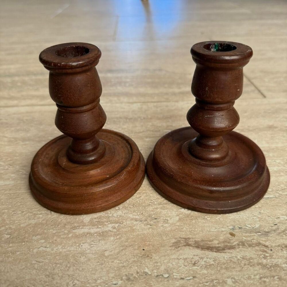 Vintage Pair Wooden Candlestick holders 4” tall cottagecore dark academia mcm